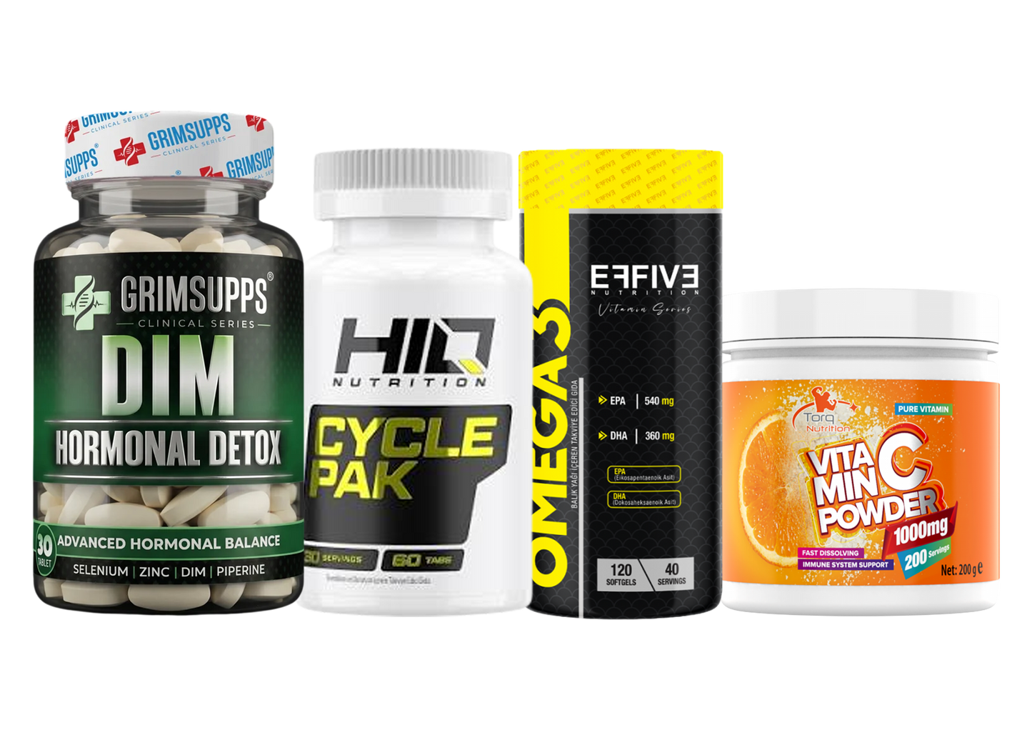 DETOKS SETI Grimsupps DIM & HIQ Cycle Pak & Torq Vitamin C & Effive Omega-3