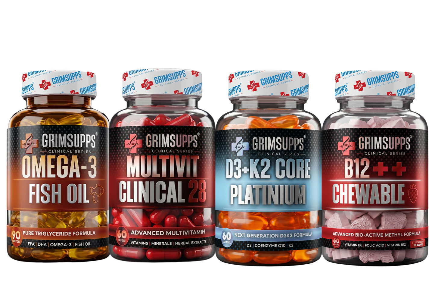 Grimsupps Clinical Series Omega-3 Fish Oil + Multivit Clinical 28 + D3 + K2 Core Platinum + B12 Vitamin Çiğnenebilir 60 Tablet