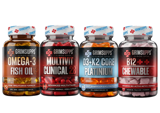 Grimsupps Clinical Series Omega-3 Fish Oil + Multivit Clinical 28 + D3 + K2 Core Platinum + B12 Vitamin Çiğnenebilir 60 Tablet